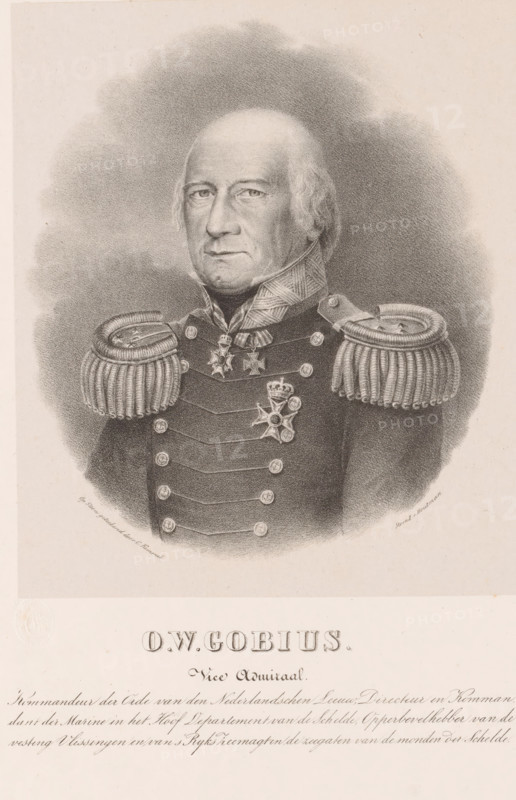 Portrait of Otto Willem Gobius, print, The sitter wears a military uniform with three knightly orders. Below the portrait are his name and positions., stamp: 'Initials JCK in an oval.', printmaker: Cornelis Kimmel, printer (person): Johannes Paulus Houtman, Utrecht, 1828 - 1843, printer (person), paper, chine collé, lithography, lithography on chine collé, height 430 mm x width 290 mm, Person, Otto Willem Gobius, A detailed black and white portrait of an older man shown from the chest up wearing a formal military uniform with ornate shoulder epaulettes and decorative buttons down the front; he has a high collar with patterned trim and several medals pinned to his chest, including star-shaped decorations and a cross; his hair is light and thinning, styled back from a high forehead with wisps at the sides, and his expression is neutral with slightly downturned mouth and eyes looking forward; the background is softly shaded with a vignette effect fading into the pale paper.