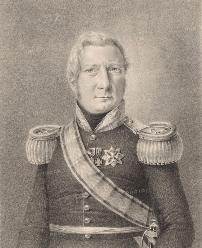 Portrait of Hendrik Merkus de Kock, print, The sitter wears a military uniform with epaulets with three stars, three knightly orders and a sash. Below the portrait are his name and positions., printmaker: Cornelis Kimmel, 1832, paper, lithography, height 460 mm x width 315 mm, knighthood order, historical persons (half-length portrait), A monochrome portrait of a man from the chest up wearing a dark formal military coat with a high collar, ornate shoulder epaulettes, and a sash worn diagonally across his torso; he has light wavy hair, a clean-shaven face, a neutral expression, and eyes looking forward. Medals and a star-shaped decoration are pinned to his chest above the sash. The coat shows rows of buttons down the front and a belt at the waist with a sword hilt visible at the lower right. The background is textured and plain.