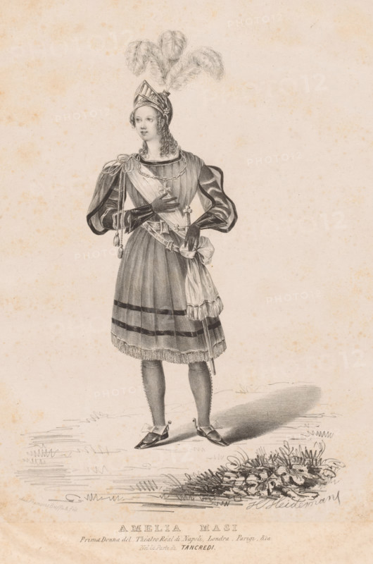 Portrait of Amalia Masi as Tancredi, print, The sitter wears a uniform with a sword and a helmet., inscription: 'Ces accents enchanteurs qui nous venues d'en ...', printmaker: Henri Philippe Heidemans, publisher: Buffa en Zonen, Frans, 1814 - 1864, Henri Philippe Heidemans, Buffa en Zonen, printmaker, publisher, paper, chine collé, lithography, lithography on chine collé, height 525 mm x width 345 mm, private soldier, historical persons - BB - woman (full length portrait), actress (on the stage), A full-length pencil drawing of a woman standing on a lightly shaded ground, wearing a knee-length dress with a fringed hem and horizontal bands near the bottom, fitted long sleeves with decorative patterns, gloves, and pointed shoes with bows; she has a sash across her chest, a belt with a pouch and tassel at her waist, and holds a sword at her side; her head is adorned with a helmet topped by large plumed feathers, and her hair falls in curls around her face; light shading and fine linework ...