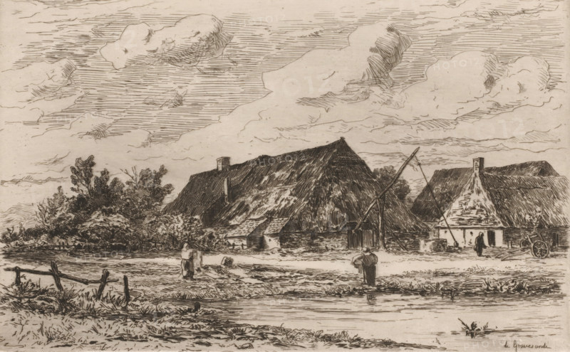 Farm near Kalmthout, Une ferme à Calmpthout (original title), print, In the foreground two women are doing the laundry., printmaker: Carel Nicolaas Storm van 's-Gravesande, 1873, Carel Nicolaas Storm van 's-Gravesande, paper, etching, intaglio printmaking technique, height 137 mm x width 217 mm, farm or solitary house in landscape (city(-scape) with figures, staffage), Kalmthout, A monochrome etching shows a rural scene with large thatched buildings and a smaller whitewashed structure with a steep chimney, set behind a grassy bank and a narrow water channel in the foreground. Figures stand on the bank and near the buildings, some facing away, one near a doorway, and another appearing to carry or hold something. Vegetation including bushes and trees clusters beside the buildings, and a simple wooden fence runs along the near edge of the scene. A simple cart wheel or wagon element leans by one of the buildings, and long poles or beams are propped against or near the roofs. Above, a wide ...