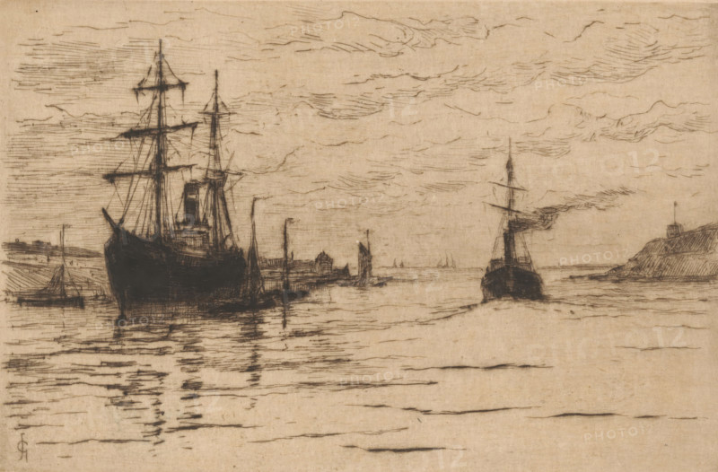 IJmuiden (original title), Harbour in IJmuiden, Sketches in Holland (original series title), print, On the left a sailing ship lies in the water. On the right a steamboat is sailing., printmaker: Carel Nicolaas Storm van 's-Gravesande, Netherlands, c. 1884, Carel Nicolaas Storm van 's-Gravesande, paper, drypoint, intaglio printmaking technique, height 133 mm x width 200 mm, This is the second print from a series of twelve., harbour, A sepia-toned etching shows a harbor scene with multiple sailing ships and smaller boats on calm water, their dark hulls and tall masts reflected in rippling lines on the surface. On the left a large ship with rigging and spars dominates the foreground, while nearer the center a smaller vessel and a pier with vertical posts and a low building sit along the waterline. To the right another ship with a single tall mast is oriented toward the viewer, and a rocky headland rises behind it with a small structure on top. The sky is filled with horizontally hatched ...