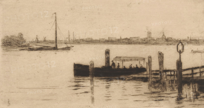 Ferry between Dordrecht and Papendrecht, print, River view with ferry., printmaker: Carel Nicolaas Storm van 's-Gravesande (signed by artist), Netherlands, c. 1884, Carel Nicolaas Storm van 's-Gravesande, paper, drypoint, intaglio printmaking technique, height 106 mm x width 201 mm, river, ferry, Dordrecht, Papendrecht, A wide horizontal sketch of a waterfront scene rendered in muted sepia tones shows a calm body of water with gentle ripples, a dark boat with a small canopy and silhouetted figures aboard near wooden pilings and a simple pier structure, a tall post with a small geometric sign beside the pier, a slender-masted sailboat farther out, and a distant low skyline with subtle building outlines and a cluster of trees at the horizon.