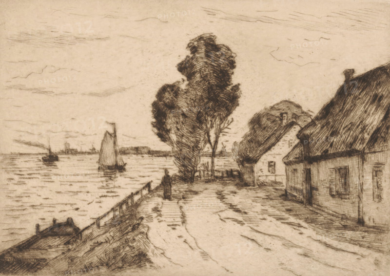 Village view in Kinderdijk, print, On the left a sailboat sails, on the right houses stand along the dike., printmaker: Carel Nicolaas Storm van 's-Gravesande (signed by artist), Netherlands, c. 1887, Carel Nicolaas Storm van 's-Gravesande, paper, drypoint, intaglio printmaking technique, height 122 mm x width 180 mm, dikes, levee, river, village (city(-scape) with figures, staffage), Kinderdijk, A sepia-toned sketch showing a waterfront path lined with a railing on one side and thatched cottages on the other, with a solitary figure walking along the path toward distant trees, tall leafy trees near the center, a small docked boat in the foreground, sailboats and a steamship on the water, rippling reflections on the water surface, a cloudy sky with faint horizontal strokes, and textured shading throughout the buildings, trees, and ground.