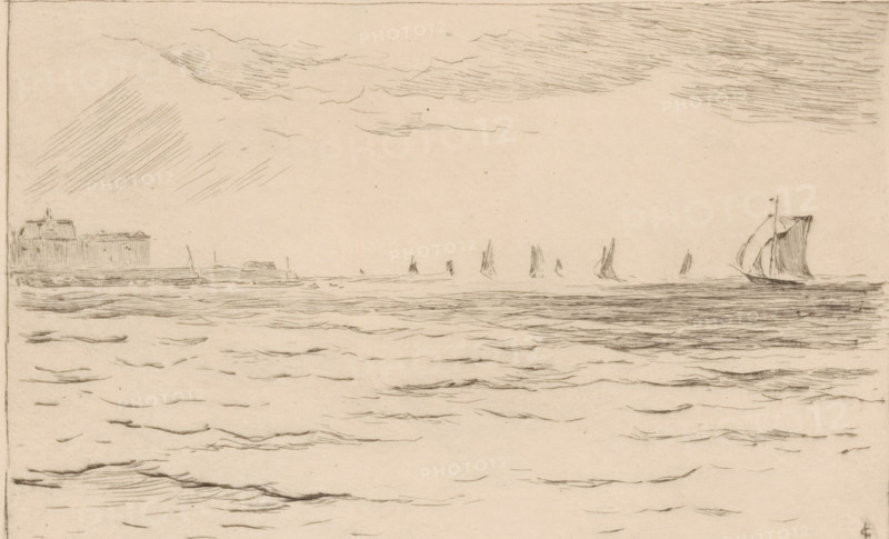 Sailing ships at the roadstead of Vlissingen, print, Sailing ships at anchor off the port of Vlissingen., number: '309', printmaker: Carel Nicolaas Storm van 's-Gravesande (signed by artist), Netherlands, 1851 - 1902, Carel Nicolaas Storm van 's-Gravesande, paper, etching, intaglio printmaking technique, height 168 mm x width 282 mm, Possibly mentioned in: Storm van 's-Gravesande, Charles. Catalogue des eaux-fortes et lithographies. sn: New York, 1903, or in an unknown later edition of the manuscript. Presumably listed as catalogue number 309., sailing-ship, sailing-boat, sea (seascape), Flushing, A wide, lightly shaded seascape sketch showing a calm expanse of water with horizontal, sketchy lines suggesting gentle waves, a distant low shoreline along the left and center with a few simple building outlines, a series of small sailboats near the horizon, and a larger sailboat with a furled sail toward the right; above, faint, linear clouds stretch across the sky.