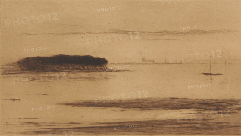 View of the Scheldt at evening, print, Veere lies on the horizon., number: '315', printmaker: Carel Nicolaas Storm van 's-Gravesande (signed by artist), Netherlands, 1889 - 1902, Carel Nicolaas Storm van 's-Gravesande, paper, drypoint, intaglio printmaking technique, height 155 mm x width 249 mm, Possibly mentioned in: Storm van 's-Gravesande, Charles. Catalogue des eaux-fortes et lithographies. sn: New York, 1903, or in an unknown later edition of the manuscript. Presumably listed as catalogue number 315., prospect of city, town panorama, silhouette of city, river, evening, Scheldt, Veere, A wide, muted scene rendered on tan paper showing a dark, low-lying mass of trees near the left side, their trunks and foliage suggested by dense, horizontal strokes; a narrow strip of distant shoreline with faint vertical and horizontal marks sits toward the center, and a small sailboat with a single mast appears to the right, its hull and reflected ripples sketched beneath it; thin, horizontal pen...