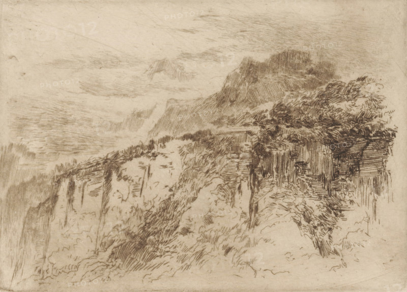 Mountains in Seelisberg, print, number: '338', printmaker: Carel Nicolaas Storm van 's-Gravesande (signed by artist), 1889 - 1902, Carel Nicolaas Storm van 's-Gravesande, paper, etching, drypoint, intaglio printmaking technique, height 127 mm x width 178 mm, Possibly mentioned in: Storm van 's-Gravesande, Charles. Catalogue des eaux-fortes et lithographies. New York: sn, 1903, or in an unknown later edition of the manuscript. Presumably listed as catalogue number 338., mountains, Seelisberg, A sepia-toned sketch of a rugged landscape showing steep cliffs and rocky outcrops, with dense textured foliage and brush drawn with short, energetic lines along the top and edges of the cliffs, layered mountainous forms fading into the background, and a sky filled with soft, crosshatched cloud-like strokes.