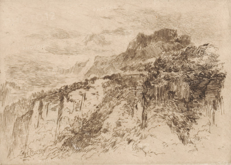 Mountains in Seelisberg, print, printmaker: Carel Nicolaas Storm van 's-Gravesande (signed by artist), 1889 - 1902, Carel Nicolaas Storm van 's-Gravesande, paper, etching, drypoint, intaglio printmaking technique, height 127 mm x width 180 mm, Possibly mentioned in: Storm van 's-Gravesande, Charles. Catalogue des eaux-fortes et lithographies. New York: sn, 1903, or in an unknown later edition of the manuscript. Presumably listed as catalogue number 338., mountains, Seelisberg, A sepia-toned etching of a rugged landscape showing steep cliffs and rocky outcrops with dense, textured hatch marks suggesting foliage and rough terrain, a prominent cliff face rising toward the right with clustered, scribbled vegetation at its edge, layered mountains and ridges receding into the background under a sky filled with soft, linear cloud strokes, and varied line work indicating crevices, ledges, and rocky surfaces across the scene.