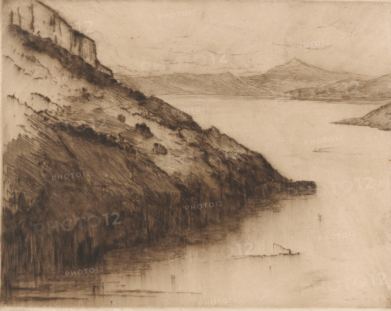 View of Lake Lucerne seen from Axenstein, print, number: '350', printmaker: Carel Nicolaas Storm van 's-Gravesande (signed by artist), 1889 - 1902, Carel Nicolaas Storm van 's-Gravesande, paper, drypoint, intaglio printmaking technique, height 158 mm x width 200 mm, Possibly mentioned in: Storm van 's-Gravesande, Charles. Catalogue des eaux-fortes et lithographies. New York: sn, 1903, or in an unknown later edition of the manuscript. Presumably listed as catalogue number 350., lake, Lake Lucerne, A sepia-toned sketch of a coastal landscape showing a steep, rugged cliff face with dense, darkly shaded textures along the left and lower portions of the image, sloping down toward calmer, lightly shaded water that fills the middle and right areas; distant, softly rendered mountain forms appear along the horizon with faint horizontal and diagonal hatching, and the sky is mostly empty with a few thin, wispy lines suggesting clouds.