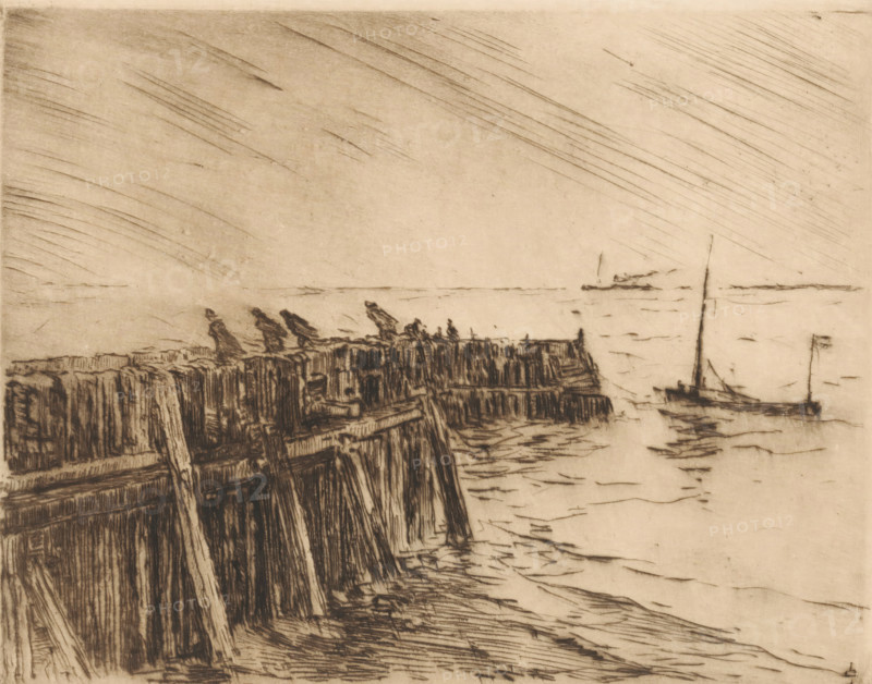 Harbour breakwater in Vlissingen, print, People walking against the wind on the breakwater., number: '362', printmaker: Carel Nicolaas Storm van 's-Gravesande (signed by artist), Netherlands, 1889 - 1902, Carel Nicolaas Storm van 's-Gravesande, paper, drypoint, intaglio printmaking technique, height 157 mm x width 200 mm, Possibly mentioned in: Storm van 's-Gravesande, Charles. Catalogue des eaux-fortes et lithographies. New York: sn, 1903, or in an unknown later edition of the manuscript. Presumably listed as catalogue number 362., coastal protection work, breakwater (landscape with figures, staffage), Flushing, A monochrome sketch showing a wooden pier extending into a calm body of water with rough, vertical plank textures and angled supports, a few small humanlike silhouettes standing or leaning along the far edge of the pier, faint horizontal ripples on the water surface, a sailboat with a mast anchored near the pier and a second distant vessel on the horizon, and diagonal etched l...