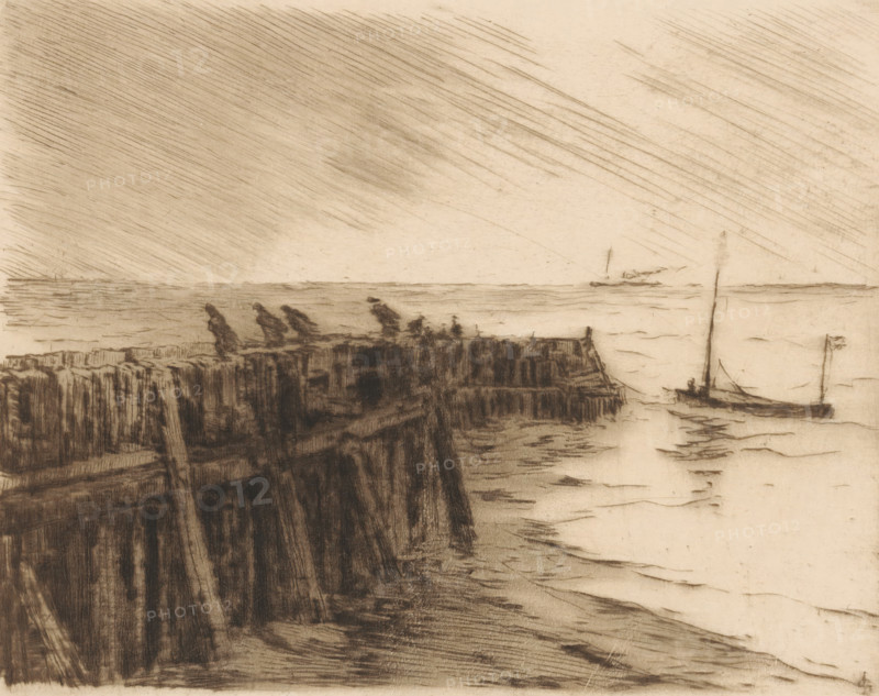 Harbour breakwater in Vlissingen, print, People walking against the wind on the breakwater., number: '362', printmaker: Carel Nicolaas Storm van 's-Gravesande, Netherlands, 1889 - 1902, Carel Nicolaas Storm van 's-Gravesande, paper, drypoint, intaglio printmaking technique, height 158 mm x width 198 mm, Possibly mentioned in: Storm van 's-Gravesande, Charles. Catalogue des eaux-fortes et lithographies. New York: sn, 1903, or in an unknown later edition of the manuscript. Presumably listed as catalogue number 362., coastal protection work, breakwater (landscape with figures, staffage), Flushing, A sepia-toned sketch showing a coastline with a wooden pier or breakwater extending from the left into the middle, rough vertical and diagonal strokes depicting planks and textures, three indistinct human silhouettes standing along the top edge of the structure, a calm sea stretching toward the horizon, a small sailboat with a tall mast near the right edge, gentle horizontal marks indicating wat...