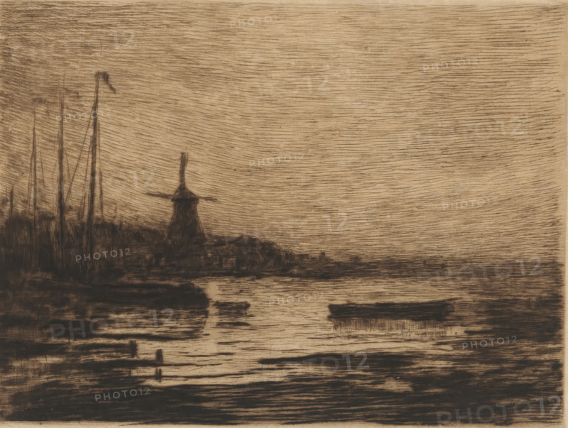 View of Zwijndrecht at evening, print, View of the banks of the Meuse with a mill on the left., number: '363', printmaker: Carel Nicolaas Storm van 's-Gravesande (signed by artist), Netherlands, 1851 - 1902, Carel Nicolaas Storm van 's-Gravesande, paper, drypoint, etching, intaglio printmaking technique, height 148 mm x width 200 mm, Possibly mentioned in: Storm van 's-Gravesande, Charles. Catalogue des eaux-fortes et lithographies. New York: sn, 1903, or in an unknown later edition of the manuscript. Presumably listed as catalogue number 363., prospect of city, town panorama, silhouette of city, evening, river bank, Maas, IJsselmonde, Zwijndrecht (South Holland), A sepia-toned scene rendered with dense horizontal and crosshatched strokes shows a shoreline with dark silhouettes of masts and boats on the left, a windmill with outstretched sails near the center left, low buildings and a pier along the waterline, and a calm reflective expanse of water extending toward the right where a si...