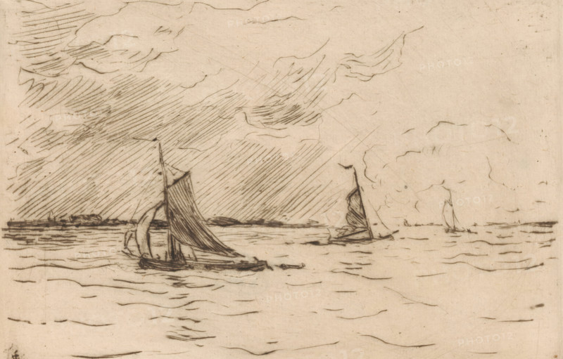 Three sailboats on the Meuse, print, number: '364', printmaker: Carel Nicolaas Storm van 's-Gravesande (signed by artist), 1889 - 1902, Carel Nicolaas Storm van 's-Gravesande, paper, drypoint, intaglio printmaking technique, height 140 mm x width 209 mm, Possibly mentioned in: Storm van 's-Gravesande, Charles. Catalogue des eaux-fortes et lithographies. New York: sn, 1903, or in an unknown later edition of the manuscript. Presumably listed as catalogue number 364., sailing-ship, sailing-boat, river, Meuse, A sepia-toned sketch of a seascape showing several sailboats on calm water with rippling lines indicating gentle waves, a larger sailboat in the foreground with a tall mast and a billowing sail, smaller boats farther back including one with a visible triangular sail, a distant low shoreline along the horizon, and a sky filled with varied cloud formations and hatched shading lines.