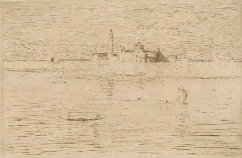View of Venice at dawn, print, The Campanile of Venice is visible on the horizon., number: '408', printmaker: Carel Nicolaas Storm van 's-Gravesande (signed by artist), 1851 - 1902, Carel Nicolaas Storm van 's-Gravesande, paper, etching, intaglio printmaking technique, height 136 mm x width 205 mm, Possibly mentioned in: Storm van 's-Gravesande, Charles. Catalogue des eaux-fortes et lithographies. New York: sn, 1903, or in an unknown later edition of the manuscript. Presumably listed as catalogue number 408., prospect of city, town panorama, silhouette of city, dawn, Venice, St. Mark's Square, Campanile di San Marco, A pale, lightly sketched scene of a waterfront with horizontal hatch marks across the sky and water, a distant silhouette of buildings and a tall tower on the horizon rendered with faint, vertical and horizontal lines, small boat shapes on the water including a slender boat with two figures near the lower center and another boat with a sail and a figure to the right, and s...