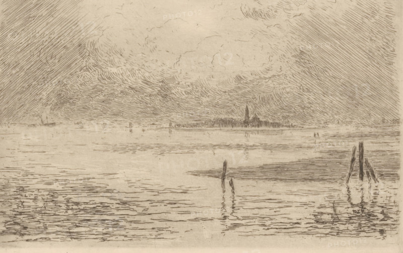 View of the Venice Lagoon, print, number: '409', printmaker: Carel Nicolaas Storm van 's-Gravesande (signed by artist), 1851 - 1902, Carel Nicolaas Storm van 's-Gravesande, paper, etching, intaglio printmaking technique, height 139 mm x width 209 mm, Possibly mentioned in: Storm van 's-Gravesande, Charles. Catalogue des eaux-fortes et lithographies. New York: sn, 1903, or in an unknown later edition of the manuscript. Presumably listed as catalogue number 409., prospect of city, town panorama, silhouette of city, haff, lagoon created by sand, shingle bank, coast, Venetian Lagoon, A wide, monochrome sketch of a calm body of water with horizontal rippling lines across the surface, vertical posts emerging from the water near the right foreground, and distant low shoreline silhouettes across the middle ground, including a taller narrow structure rising above the skyline; the sky fills the upper half with dense, varied hatch marks and swirling cloud-like strokes that create textured, layere...
