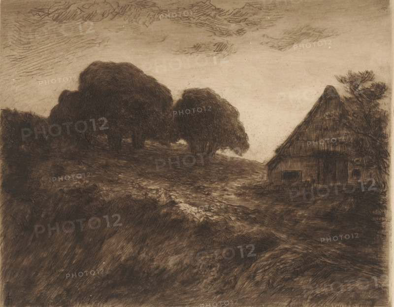 Hill landscape with chestnut trees and barn near Materborn, print, number: '412', printmaker: Carel Nicolaas Storm van 's-Gravesande, 1851 - 1902, Carel Nicolaas Storm van 's-Gravesande, paper, etching, drypoint, intaglio printmaking technique, height 160 mm x width 200 mm, Possibly mentioned in: Storm van 's-Gravesande, Charles. Catalogue des eaux-fortes et lithographies. New York: sn, 1903, or in an unknown later edition of the manuscript. Presumably listed as catalogue number 412., farm or solitary house in landscape, trees, low hill country, North Rhine-Westphalia, Cleves, Materborn, A sepia-toned etching showing a sloped landscape with dense, textured grassy foreground leading toward a path that winds between a cluster of rounded, heavily shaded trees and a thatched-roof building on the right; the building has a steep, triangular roof and visible door and small window shapes, with foliage partially obscuring its side; the sky above is lightly shaded with horizontal, sketchy cloud-...