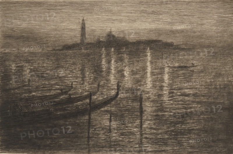 View of San Giorgio Maggiore in Venice at night, print, Gondolas are moored in the foreground. The contours of the island of San Giorgio Maggiore are visible on the horizon., number: '414', printmaker: Carel Nicolaas Storm van 's-Gravesande (signed by artist), 1851 - 1902, Carel Nicolaas Storm van 's-Gravesande, paper, etching, drypoint, intaglio printmaking technique, height 139 mm x width 207 mm, Possibly mentioned in: Storm van 's-Gravesande, Charles. Catalogue des eaux-fortes et lithographies. New York: sn, 1903, or in an unknown later edition of the manuscript. Presumably listed as catalog number 414., island, night, Venice, Isola di San Giorgio Maggiore, A wide, muted scene of water with gently rippling texture fills the foreground and middle ground, showing several long, narrow boats moored near vertical poles and one small boat farther out on the water; faint reflections create vertical, lighter streaks on the surface. In the distance a low, dark silhouette of an island or shor...