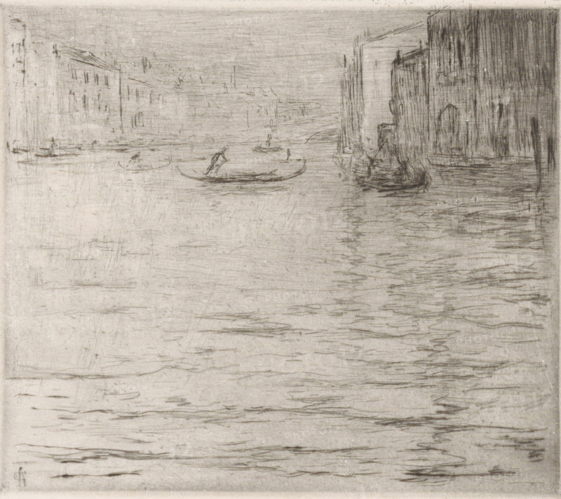 View of the Grand Canal in Venice, print, In the background gondolas sail on the canal., number: '416', printmaker: Carel Nicolaas Storm van 's-Gravesande (signed by artist), 1851 - 1902, Carel Nicolaas Storm van 's-Gravesande, paper, drypoint, intaglio printmaking technique, height 140 mm x width 159 mm, Possibly mentioned in: Storm van 's-Gravesande, Charles. Catalogue des eaux-fortes et lithographies. New York: sn, 1903, or in an unknown later edition of the manuscript. Presumably listed as catalogue number 416., canals, waters (in city), gondola, Venice, Grand Canal, A wide, pale sketch of a waterway with faint, linear etching marks forming distant buildings along both sides and a cluster of small boats on the water, the boats rendered with thin, curved strokes and tiny standing figures, the right side showing darker, vertical lines suggesting taller structures and reflections, the left side showing lighter, more open architectural outlines, and the water surface across the foregro...