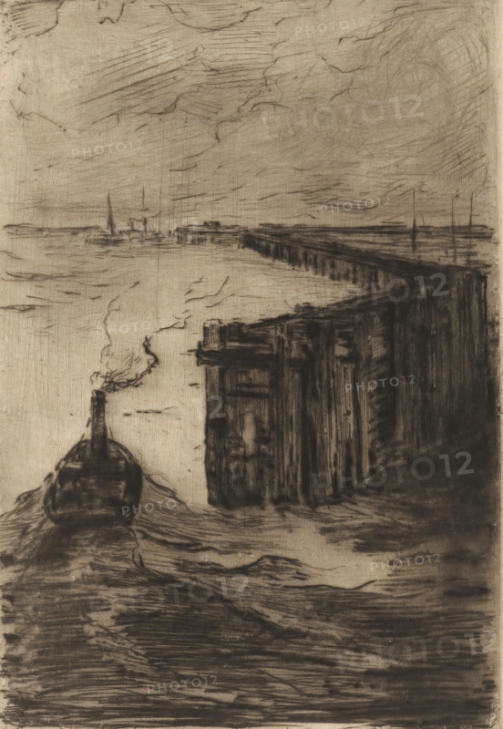 Seascape with pier at Cuxhaven, print, On the left a tugboat sails in front of the pier., number: '417 bis', inscription: 'Cuxhaven', printmaker: Carel Nicolaas Storm van 's-Gravesande (signed by artist), 1851 - 1902, Carel Nicolaas Storm van 's-Gravesande, paper, drypoint, intaglio printmaking technique, height 228 mm x width 158 mm, Possibly mentioned in: Storm van 's-Gravesande, Charles. Catalogue des eaux-fortes et lithographies. New York: sn, 1903, or in an unknown later edition of the manuscript. Presumably listed as catalogue number 417 bis., pier, quay, wharf, sea (seascape), Cuxhaven, A monochrome sketch showing a waterfront scene with a long, dark wooden pier extending from the right toward the center, a blocky pierhead structure with vertical planks in the foreground, and a small rounded boat moored at the lower left with a thin plume of smoke rising from a short smokestack; the water surface is rendered with horizontal, textured strokes, the distant horizon shows low, indis...