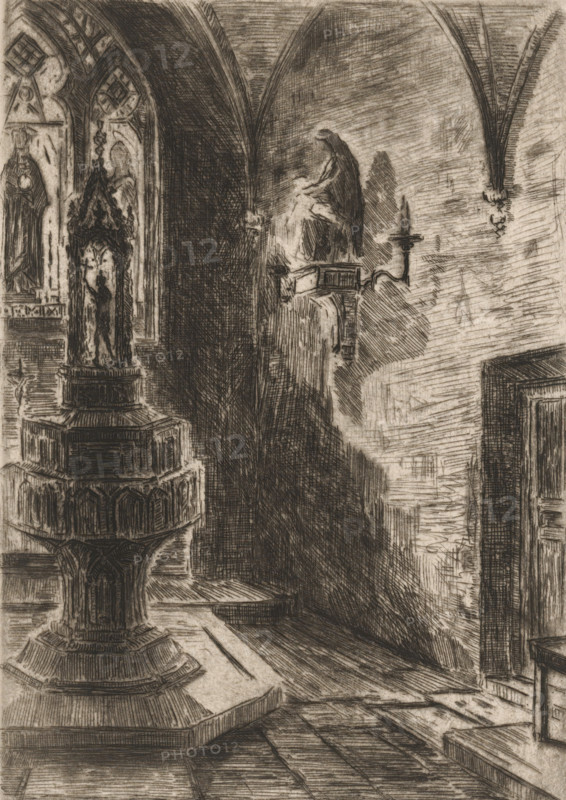 Baptismal font in a church in Cleves, print, Possibly the Collegiate Church., number: '419', printmaker: Carel Nicolaas Storm van 's-Gravesande (signed by artist), 1851 - 1902, Carel Nicolaas Storm van 's-Gravesande, paper, etching, intaglio printmaking technique, height 228 mm x width 164 mm, Possibly mentioned in: Storm van 's-Gravesande, Charles. Catalogue des eaux-fortes et lithographies. New York: sn, 1903, or in an unknown later edition of the manuscript. Presumably listed as catalogue number 419., interior of church, baptismal font, North Rhine-Westphalia, Cleves, Collegiate Church, A monochrome etching of an interior space with high vaulted arches and patterned stone floors, showing a large ornate pedestal with layered, carved tiers in the foreground and a sculpted niche with a small figure inside it, a distant elevated ledge holding a seated draped statue beside a wall-mounted candle holder, tall shadowed archways and a dark recess to one side, textured walls rendered with den...