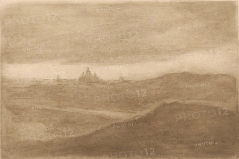 Twilight in the dunes near Scheveningen, print, On the horizon the outlines of the Kurhaus., number: '453', printmaker: Carel Nicolaas Storm van 's-Gravesande (signed by artist), Netherlands, 1851 - 1902, Carel Nicolaas Storm van 's-Gravesande, paper, intaglio printmaking technique, drypoint, height 156 mm x width 228 mm, Possibly mentioned in: Storm van 's-Gravesande, Charles. Catalogue des eaux-fortes et lithographies. New York: sn, 1903, or in an unknown later edition of the manuscript. Presumably listed as catalogue number 453., dunes (sea not visible), in the dunes, dusk, evening twilight, Scheveningen, A muted monochrome landscape with soft, hazy tones showing layered horizontal bands that suggest distant landforms and a broad sky, a faint cluster of small vertical shapes near the middle horizon resembling distant structures, gentle gradients and subtle texture across the surface, and indistinct undulating forms in the foreground.