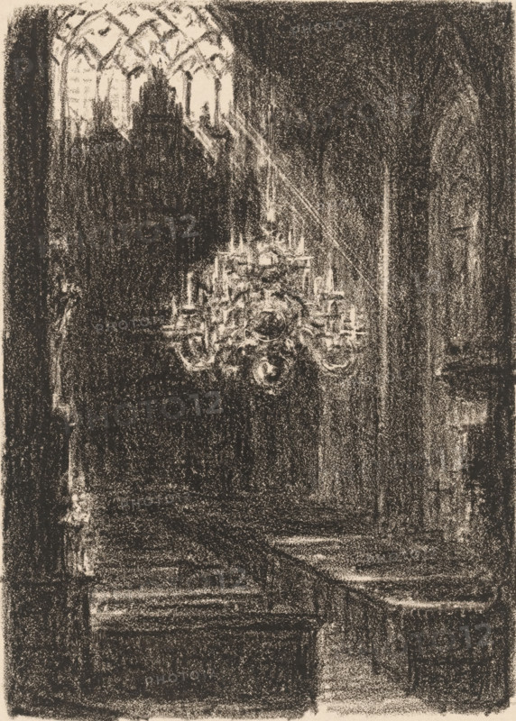 Church interior in Cleves, print, A chandelier hangs in the middle of the church., number: '24', printmaker: Carel Nicolaas Storm van 's-Gravesande (signed by artist), 1851 - 1902, Carel Nicolaas Storm van 's-Gravesande, paper, lithography, height 217 mm x width 160 mm, Possibly mentioned in: Storm van 's-Gravesande, Charles. Catalogue des eaux-fortes et lithographies. New York: sn, 1903, or in an unknown later edition of the manuscript. Presumably listed as catalogue number 24., interior of church, North Rhine-Westphalia, Cleves, A grainy charcoal drawing of an interior space dominated by a large ornate chandelier suspended near the center, with many curved arms and candle-like fixtures rendered in bright highlights against a dark background; tall arched windows with decorative tracery sit high at the back, allowing light to fall in soft beams that catch the chandelier and parts of the surrounding architecture; heavy vertical columns and wall surfaces frame the scene, and shadowed fur...