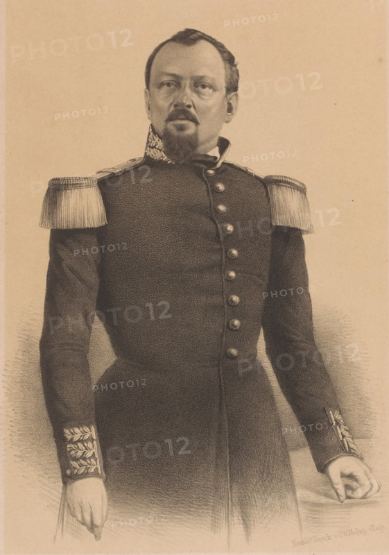 Portrait of Mr. Keller, print, The sitter stands next to a table. He is wearing a coat with epaulets., inscription: 'J. Keller, officer of administration Batavia', printer (person): Royal Dutch Lithographic Printing House of CW Mieling, The Hague, 1847 - c. 1865, printmaker, printer (person), paper, tone lithography, tone lithography in black with tone block in beige, height 400 mm x width 300 mm, historical persons (three-quarter length portrait), A sepia-toned portrait drawing of a man shown from head to mid-thigh wearing a dark military uniform with decorative shoulder epaulettes and a high collar, his face framed by short hair and facial hair including a mustache and small beard, his expression neutral, his right arm hanging at his side with a visible hand and his left arm bent slightly with a hand resting near the hip, the uniform front closed with a row of round buttons and embroidered cuffs, the background plain and unadorned.