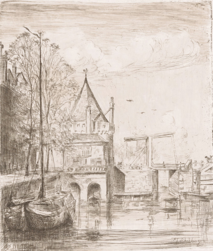 View of the Schreierstoren in Amsterdam, print, View of the Schreierstoren from the water of the Geldersekade., printmaker: Frans Schikkinger, 1848 - 1902, paper, etching, drypoint, intaglio printmaking technique, height 155 mm x width 131 mm, urban housing, sailing-ship, sailing-boat, towers, fortified city, bridge in city across river, canal, Amsterdam, Schreierstoren, Geldersekade (Amsterdam), A detailed sepia-toned sketch of a waterfront scene shows a row of buildings and trees along a canal, with a peaked rooftop topped by a small weather vane, arched openings at the waterline, and a docked boat in the foreground. Tall, slender masts and rigging rise beside the boat, while reflections and ripples appear on the water surface. A bridge structure spans the canal with vertical supports and a horizontal beam, and small birds are sketched in the sky above scattered, lightly drawn clouds. The composition features dense cross-hatching and fine line work throughout.