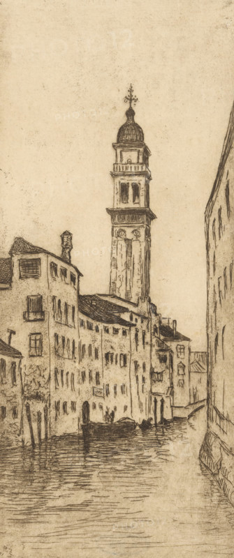 Canal in Venice, Eglise et canaletto (original title), print, printmaker: Philip Zilcken, 1895, paper, etching, intaglio printmaking technique, zinc etching with plate tone, height 210 mm x width 90 mm, canals, waters (in city), tower, clock tower, monumental adornment, Venice, A vertical sepia-toned sketch of a narrow canal flanked by tall, closely packed buildings with many windows and varied rooflines, a domed bell tower rising prominently above the structures with decorative detailing at its top, small boats and gondolas floating on rippled water in the canal, a few human figures aboard the boats, wooden poles emerging from the water near the buildings, and textured shading and fine linework throughout the scene.