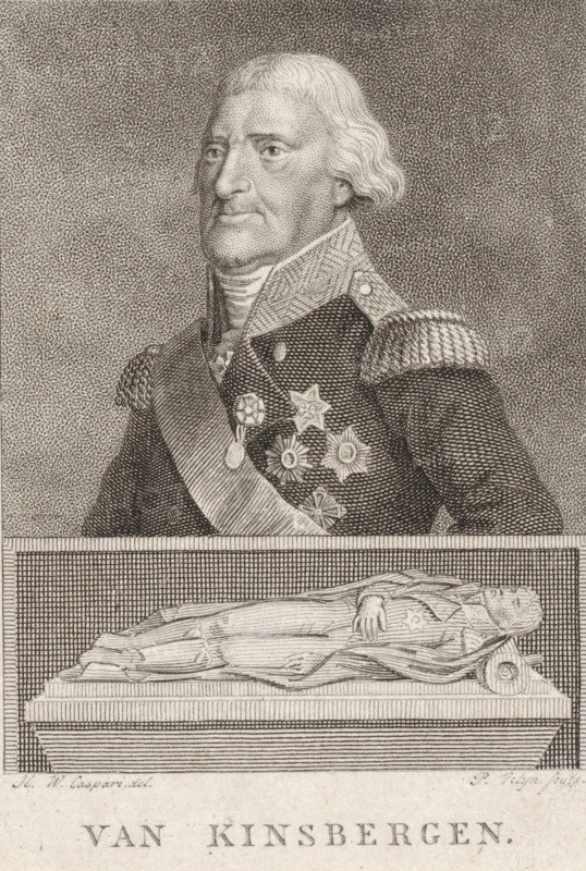Portrait of Jonkheer Johan Hendrik van Kinsbergen and tomb, print, Portrait of Lieutenant Admiral Johan Hendrik van Kinsbergen. Below the portrait is his tomb., printmaker: Philippus Velijn, Netherlands, after drawing by Hendrik Willem Caspari, 1819 - 1836, paper, etching, height 87 mm x width 65 mm, Person, Jonkheer Jan Hendrik van Kinsbergen, piece of sculpture, reproduction of a piece of sculpture, gravestone, tombstone, A detailed engraved portrait shows an older man in a formal military coat with epaulettes and a high collar, wearing a sash across his chest and several ornate medals pinned to his jacket; his hair is light and styled in short waves, his expression neutral as he faces slightly to the side, and the background is filled with fine stippled texture. Below the bust, a rectangular panel contains an engraved recumbent figure draped in flowing fabric lying on a raised plinth, with a rolled decorative element at the foot of the plinth and a patterned field behind the figure.