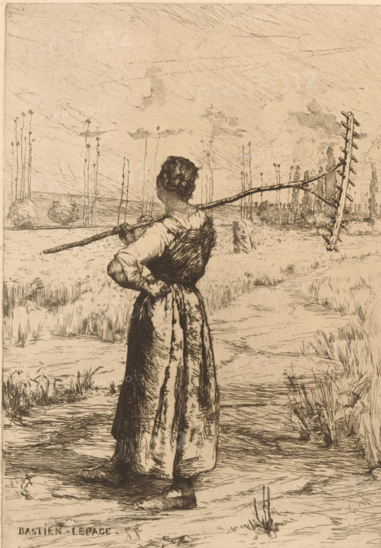 Retour des champs, Woman riding the fields, print, printmaker: Jules Bastien-Lepage, France, 1858 - 1884, paper, etching, drypoint, intaglio printmaking technique, height 276 mm x width 196 mm, farmers - AA - female farmer, farmer's wife, agricultural implements: rake, raking, A sepia-toned etching shows a woman standing with her back to the viewer in a rural landscape, wearing a long dress with rolled sleeves and an apron, her hair gathered at the nape. She holds a long pole resting on her shoulder that extends across the scene and ends with a wooden frame of rungs. The ground around her is grassy with patches of bare earth and short vegetation, and a faint path winds into the distance. In the midground there are slender, tall tree trunks and rounded shrubs, and the horizon line separates the field from a sky marked by fine, linear cloud strokes. The overall image is composed of delicate, crosshatched lines and varied etching marks creating texture in the clothing, vegetation, and sky...
