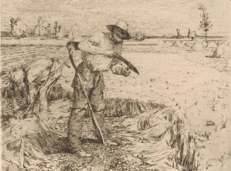 Mowers in the field, print, Top right numbered 1., watermark, printmaker: Jules Bastien-Lepage, France, 1858 - 1884, paper, etching, drypoint, intaglio printmaking technique, height 197 mm x width 262 mm, reaping, picking, mowing, harvest, agricultural implements: scythe, sharpening, grinding (industrial processes), A sepia-toned line drawing shows two figures working in a field. One figure stands near center wearing a wide-brimmed hat and loose clothing, holding a curved tool with both hands and leaning slightly forward. The other figure, positioned to the left and bent over, grasps stalks or bundles near the ground. Bundles of cut vegetation lie around them and short stubble covers the field. In the distant background a flat horizon is visible with scattered bushes and a few tall, thin trees. The sky is filled with horizontal, closely spaced lines. The overall image is rendered with fine, textured strokes and cross-hatching.