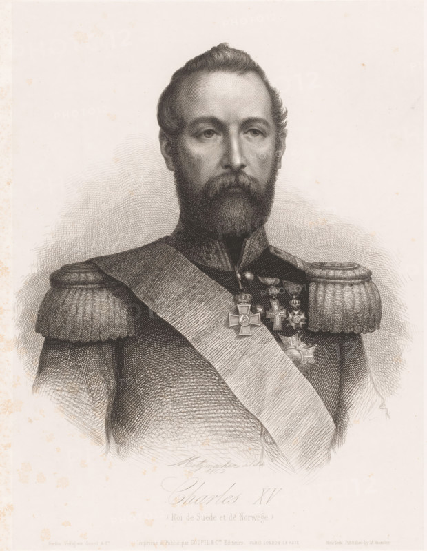 Portrait of Charles V of Sweden, print, printmaker: Pierre Guillaume Metzmacher, France, printer (person): Goupil & Cie., Berlin (state), publisher: Michael Knoedler, New York (city), 1862, printer (person), North America, paper, chine collé, etching, engraving, roulette, engraving and roulette on chine collé, height 288 mm x width 220 mm, Person, Charles XV (King of Sweden and Norway), historical persons, ruler, sovereign, A monochrome engraved portrait of a man shown from the chest up wearing a formal military-style uniform with decorative epaulettes and a sash across his torso, his face framed by a full beard and mustache and his hair combed back, his expression neutral with eyes looking forward, several ornate medals and crosses pinned to his chest, fine crosshatching and stippling used throughout the image to render shading and texture, and a plain background with light toning and some small spots on the paper.
