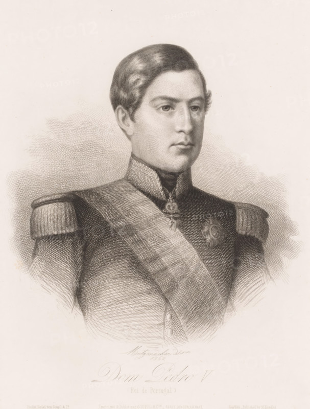 Portrait of Peter V of Portugal, Dom Pedro V, print, printmaker: Pierre Guillaume Metzmacher, printer (person): Goupil & Cie., Berlin (state), publisher: Michael Knoedler, New York (city), 1862, printer (person), North America, paper, chine collé, etching, engraving, etching and engraving on chine collé, height 288 mm x width 222 mm, Person, Peter V (King of Portugal), historical persons, ruler, sovereign, A detailed monochrome engraved portrait of a young man shown from the chest up wearing a formal military-style uniform with decorative shoulder epaulettes and a broad sash across his torso. He has neatly combed hair with a smooth wave and a clean-shaven face with a composed, neutral expression. The uniform collar is high and ornate with a pendant-like decoration at the throat and a star-shaped medal pinned to the chest. The background is plain with subtle cross-hatched shading around the figure.