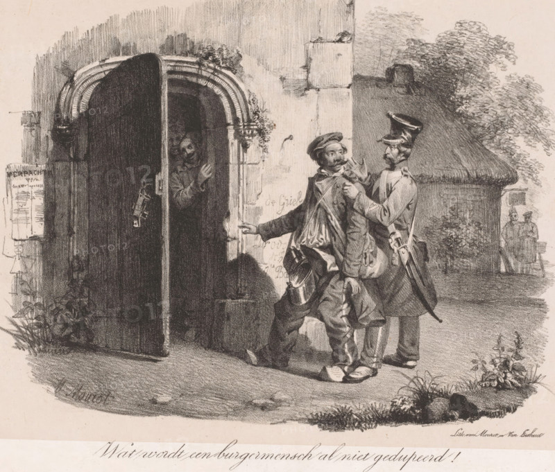 Provost arrests soldier, The Provost, print, A high-ranking officer arrests a scruffy-looking soldier wearing clogs. He escorts him to a tower where two figures are standing in the doorway. Below the image is the soldier's sigh: 'How a civilian is wronged!'. Numbered top right: No. 2., printmaker: Michel Mourot, Den Bosch, after design by Michel Mourot, printer (person): Mourot & Van Lieshout, 1835 - 1838, Michel Mourot, Mourot & Van Lieshout, printer (person), paper, chine collé, lithography, lithography on chine collé, height 310 mm x width 432 mm, military police, provost, arrest, military service, A charcoal or ink scene shows a rounded arched doorway with a partially open dark door and a figure peering out from the shadow inside, a leafy garland around the arch and stone blocks surrounding it; in front of the doorway two uniformed men stand close together, one wearing a tall hat and carrying a sword and satchel, the other with a cap and satchel and exaggerated footwear, a third sm...