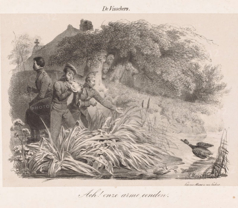 The Fishermen, Soldiers fishing for ducks, print, One of the soldiers is pulling a duck to the shore. The soldier next to him has a dead duck in his hands and is blowing between the feathers to see if it is a good catch. Between the trees, a farmer's wife and two children are watching the scene. Below the image: 'Ah! our poor ducks.', printmaker: Michel Mourot, Den Bosch, after design by Michel Mourot, printer (person): Mourot & Van Lieshout, 1835 - 1838, Michel Mourot, Mourot & Van Lieshout, printer (person), paper, chine collé, lithography, lithography on chine collé, height 310 mm x width 435 mm, water-birds: duck, recreation, the soldier off duty, A grayscale drawing shows a group of young people near a riverside, some seated and some standing, dressed in historical clothing with coats and caps; one person holds a long pole while another appears to hold a bird by its neck, and a dog lies near them. Dense foliage and trees form a large rounded bush behind the group, with distant hil...