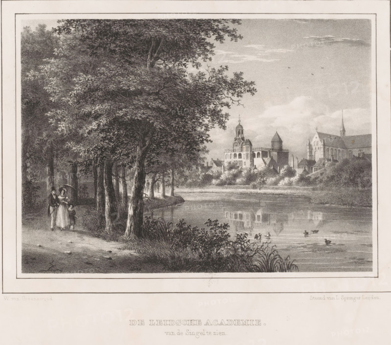 Leidsche Academie, The Leiden Academy seen from the Singel, Views in the surroundings of Leiden, produced at the lithographic printing house of L. Springer in Leiden 1843, print, View of the academy building from the Singel. This print is part of a cover with eight prints., printmaker: Wilhelmus van Groenewoud, Netherlands, printer (person): Leendert Springer (I), Leiden, 1834, printer (person), paper, lithography, lithografie, height 245 mm x width 345 mm, academy, association of artists, canals, waters (in village), A monochrome landscape shows a tree-lined path along a calm body of water with tall leafy trees dominating the left side and their trunks and foliage creating shaded areas; a group of figures stands under the trees, including a woman in a long dress holding an umbrella and children nearby; the water reflects buildings and trees and has several ducks swimming near the foreground; across the water a complex of buildings with varied rooflines, domes, towers, and a tall churc...