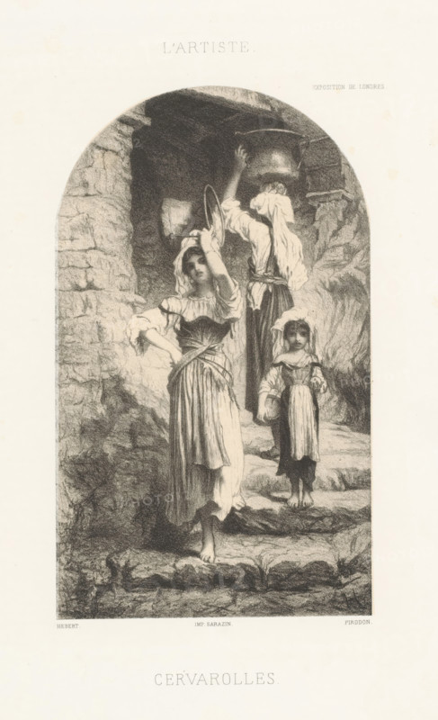 Women carrying tubs on a staircase, Cervarolles, print, printmaker: Eugène Louis Pirodon, after painting by Ernest Antoine Auguste Hébert, printer (person): Sarazin (printer), Paris, 1862, printer (person), paper, chine collé, lithography, height 359 mm x width 274 mm, Print used in: L'Artiste, vol. 1. Print exhibited at the Paris Salon of 1859 and the World Exhibition of 1862 in London., carrying something on the head or on the shoulders, mineral water, A tall arched stone entrance frames three barefoot figures descending uneven stone steps, the central figure in the foreground wearing a long dress with a fitted bodice and a headscarf lifted with one hand, another figure behind her carrying a large pail on the head with a cloth draped over the shoulders, and a smaller child to the side wearing a simple dress and head covering and holding a small vessel, all rendered in muted monochrome shading against rough textured rock walls.