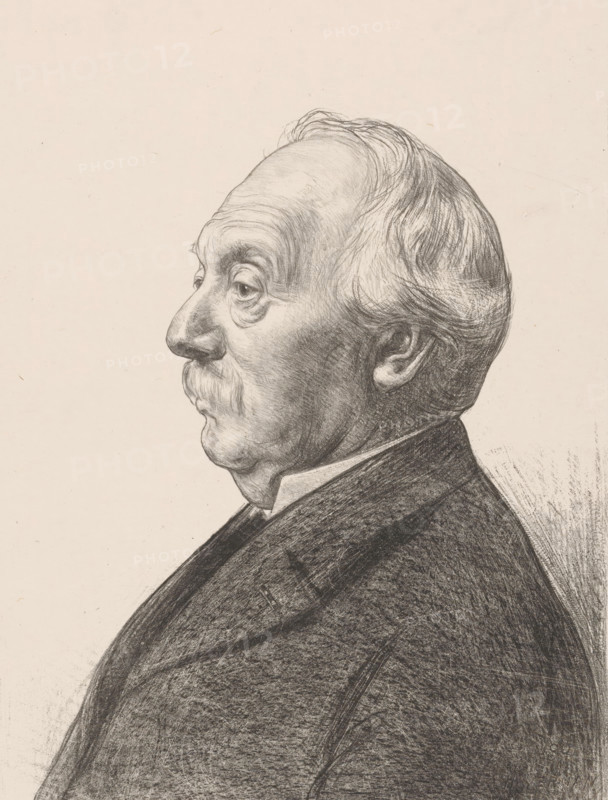 Blussé, Portrait of an unknown man named Blussé, print, Possibly a portrait of the politician Pieter Lodewijk Frans Blussé (1819-1908). Printed below the image is: produced at the request of his admirers and friends by HJ Haverman., printmaker: Hendrik Johannes Haverman, 1901, paper, chine collé, lithography, letterpress printing, lithography and book printing, height 621 mm x width 441 mm, historical persons, A detailed pencil portrait of an older man shown in profile facing left, with a receding hairline and neatly combed hair, pronounced brow and nose, drooping eyelids, a mustache, and visible facial wrinkles; he wears a dark textured coat and a light collar, and the background is plain and light.