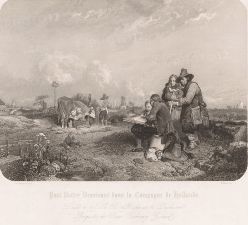 Paulus Potter sketching in the countryside, Paul Potter Dessinant dans la Campagne de Hollande, print, Landscape with a sketching man, next to him a child, a man and a woman with a child in her arms., printmaker: Alfred Revel, after painting by Eugène Modeste Edmond Lepoittevin, printer (person): Bougeard, publisher: Henry Gache, dedicated to: Clémentine of Orleans, 1765 - 1865, printer (person), paper, etching, engraving, height 348 mm x width 408 mm, milking, artist (in general) making preliminary designs, sketching - BB - out of doors, A wide rural scene rendered in a detailed monochrome engraving shows a group of figures in the foreground near a dirt path and low marshy ground. A seated figure leans over a sketchbook while another figure kneels beside them, a small child nearby and an older man standing close with a hat and cloak holding a staff. A woman holds an infant and a dog rests curled on the ground beside a hat and a small vessel. To the left, a cow stands over a child who ...