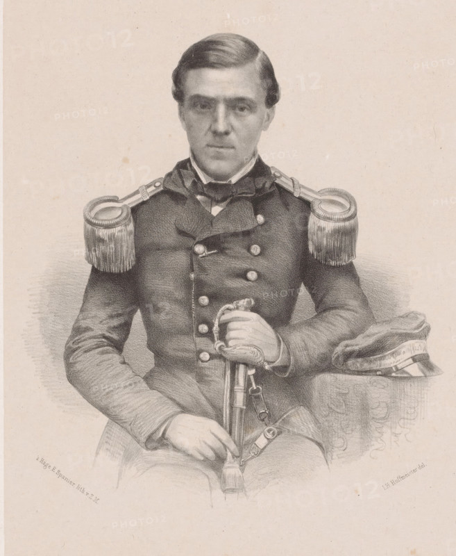 Portrait of an unknown naval officer, print, The sitter holds his saber with both hands. His cap lies next to him on the table., printmaker: Johan Hendrik Hoffmeister, Netherlands, printer (person): Koninklijke Steendrukkerij van E. Spanier, The Hague, 1851 - c. 1883, printer (person), paper, chine collé, lithography, lithography on chine collé, height 500 mm x width 356 mm, historical persons (half-length portrait), head-gear: cap, hacking and thrusting weapons (with NAME), A monochrome portrait drawing of a seated man wearing a double-breasted military uniform with decorative shoulder epaulettes and a high collar, his hair neatly combed, one hand resting on the hilt of a sheathed sword while the other hand rests on his lap, a folded cloth or cap beside him on the seat, subtle shading around the figure and a plain background.