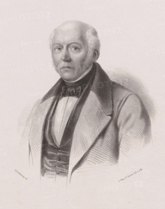 Portrait of CW Eikendal, print, printmaker: Johan Hendrik Hoffmeister, Netherlands, printer (person): Koninklijke Steendrukkerij van E. Spanier, The Hague, c. 1851 - c. 1883, printer (person), paper, chine collé, lithography, lithography on chine collé, height 500 mm x width 330 mm, historical persons ((full) bust portrait), A monochrome portrait drawing of an older man shown from the chest up, facing slightly to the viewer's left; he has a high forehead with thinning hair at the top and fuller hair at the sides, light sideburns, a composed facial expression with faint lines, and direct eyes. He wears a dark high-collared coat over a lighter waistcoat and a shirt with a high collar, and a bow at the throat. The shading is done with fine pencil or charcoal strokes creating textured tones on the clothing and subtle shadowing around the head and shoulders against a plain light background.