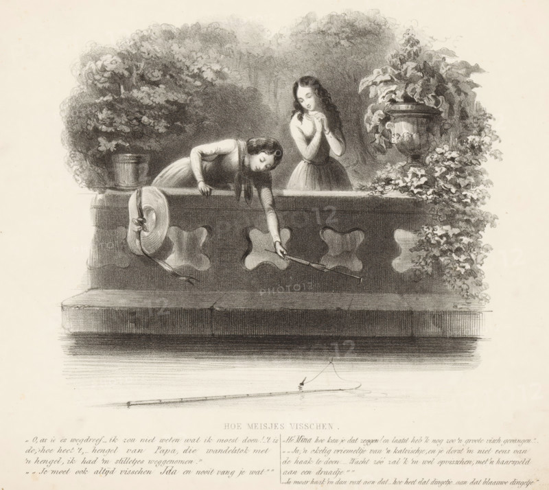 Two fishing girls, How girls fish, print, A girl fishes the fallen fishing rod of a second girl out of the water with her rod., printmaker: Alexander Ver Huell, Netherlands, 1832 - 1897, paper, lithography, lithografie, height 230 mm x width 264 mm, girl (child between toddler and youth), fishing (sports), A monochrome drawing shows two young girls leaning over a stone balustrade above water; one girl bends forward reaching down with a long slender rod while the other stands slightly behind with hands clasped near her face. A wide-brimmed hat with a ribbon hangs from the balustrade near the reaching girl. Potted foliage and a large ornate planter with trailing leaves flank the scene on either side of the girls, and dense leafy trees form a shaded background. The balustrade has decorative cutouts, and the water below reflects the rod and a small hooked line. The drawing is detailed with soft shading and fine pencil or charcoal strokes.