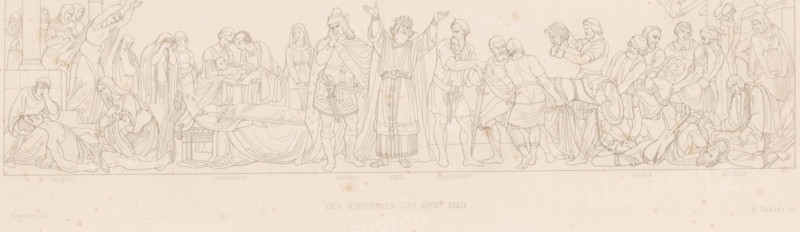 Depiction from Der Ring des Nibelungen, Four scenes from Der Ring des Nibelungen, print, printmaker: Hermann Schütz, after design by Julius Schnorr von Carolsfeld, 1853 - 1869, paper, etching, height 134 mm x width 418 mm, Person, Richard Wagner, 'Nibelungenlied', A wide, horizontal line drawing shows a long procession of figures arrayed across a pale background, with seated and standing people in flowing robes and tunics, some wearing crowns or helmets, many with long hair and beards, and several figures gesturing or reaching out; toward the left a reclining figure lies on a low platform attended by others who kneel and bend over, while farther left groups of standing women with veils and drapery cluster near a column; near the center a crowned man raises both arms beside another figure with a sword at his side and a cloaked figure with a hand to his face; to the right a pair of muscular men interact closely while more figures carry or support a fallen person and a seated man cradles ...