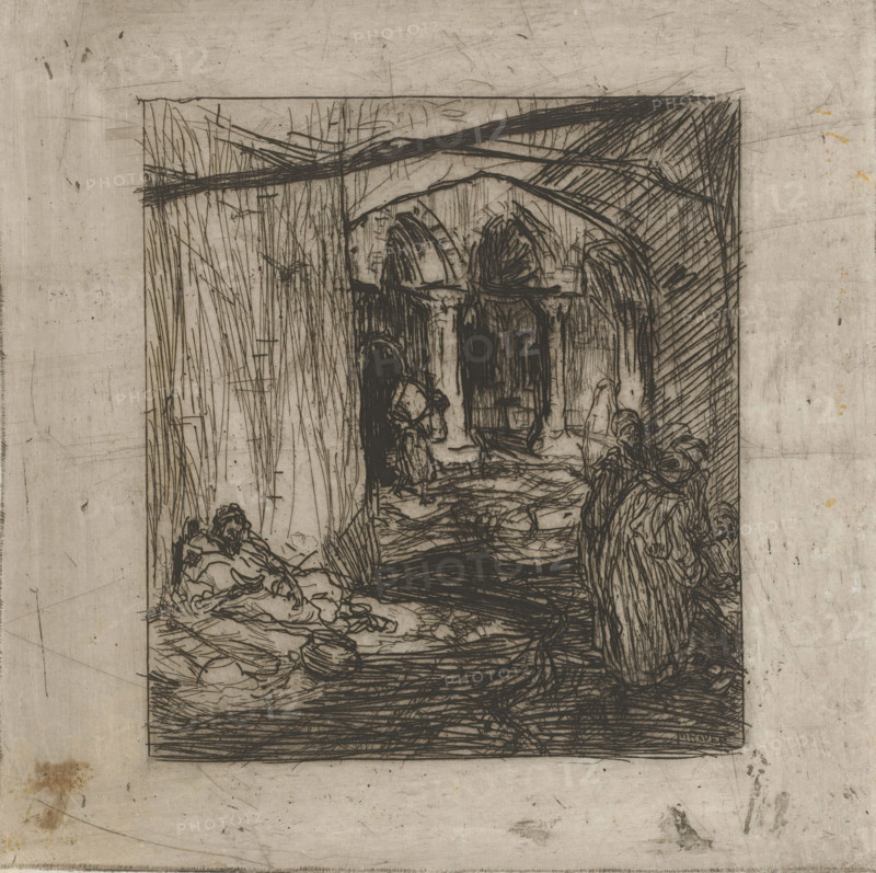 Rag pickers, print, Figures in Oriental clothing on a street, including a reclining man., printmaker: Marius Bauer, 1888, paper, etching, intaglio printmaking technique, etching with plate tone, height 168 mm x width 168 mm, merchant, salesman, textile fabric, cloth, A rectangular etched scene occupies the center of a worn, light-colored sheet, rendered with dense dark lines and crosshatching; within the scene an arched doorway or passage is framed by vertical and curved architectural lines, and figures with draped clothing and indistinct features stand and sit near the entrance and inside the passage; the foreground shows textured ground and a seated figure leaning with limbs bent, while another cloaked figure faces inward; strong diagonal and horizontal hatch marks create shadowed areas above and to the sides of the arch, and the surrounding paper shows smudges, scratches, spots, and faint stains.