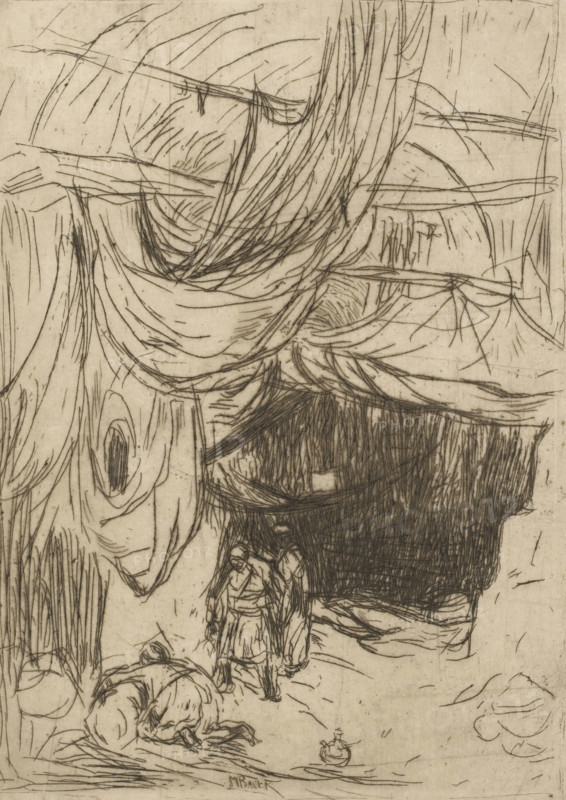 Bazaar with three men, print, A bazaar with three men in oriental clothing, one of whom is kneeling., printmaker: Marius Bauer, 1889, paper, etching, intaglio printmaking technique, etching with plate tone, height 228 mm x width 166 mm, market, An etching-like scene rendered in fine dark lines on a light background shows large sweeping curved forms resembling draped fabric or flowing hair occupying the upper area, with many parallel and overlapping strokes creating texture; beneath these forms a dense dark shaded mass contrasts with lighter areas, and near its lower edge two small standing figures in long coats face forward, rendered with sketchy detail; to the left a crouched animal figure lies on the ground with curved back and head lowered, surrounded by scattered linear marks suggesting grass or ground texture; various thin linear strokes and crosshatching fill the background and margins, with oval and circular contour shapes and knot-like wood grain patterns visible along the left...