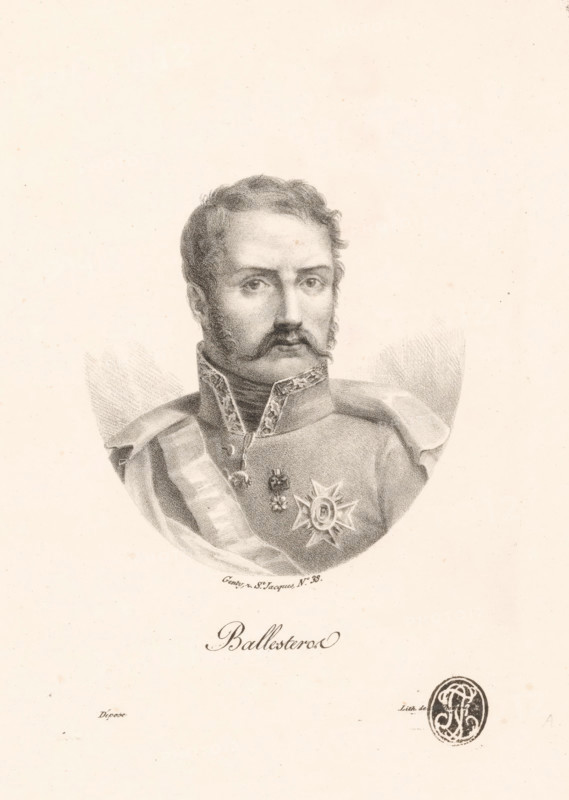 Ballesteros, Portrait of the Spanish general Francisco Ballesteros, print, Series number, 38, stamp: 'JC (?)', printmaker: A. Cheyère, Paris, publisher: Jean Baptiste Genty, 1823, printer (person), paper, lithography, height 344 mm x width 270 mm, Person, Francisco Ballesteros, historical persons, A monochrome portrait drawing of a man shown from the chest up wearing a military uniform with a high collar and decorative trim, a sash across his shoulder, an ornate star-shaped medal on his chest, and a small pendant; he has short curly hair, prominent sideburns and a mustache, and a serious facial expression, with soft shading around his shoulders and a blank light background.