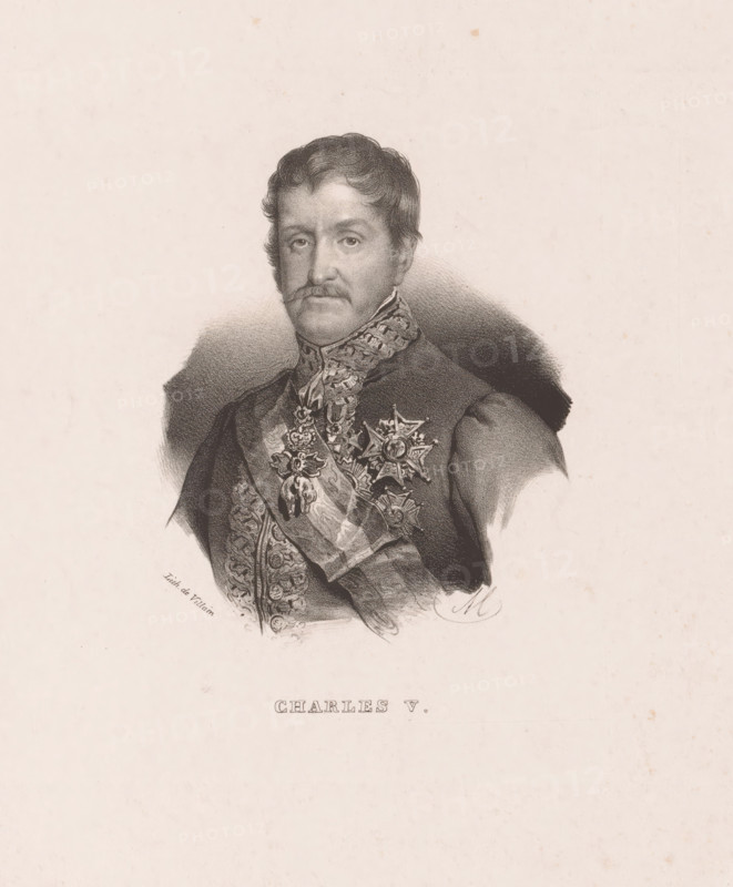 Charles V, Portrait of Carlos María Isidro Benito de Borbón y Borbón-Parma, print, printmaker: Nicolas Maurin, printer (person): François Jean Villain, Paris, 1835, printer (person), paper, lithography, height 362 mm x width 267 mm, Person, Carlos María Isidro Benito de Borbón y Borbón-Parma, historical persons, politician, eg party leader, A monochrome portrait of a man shown from the chest up wearing an ornate uniform with decorative embroidery and medals across his chest and a patterned sash, his hair is short and wavy with sideburns and a mustache, his expression is neutral and he faces forward, the background is plain with subtle shading behind his head and shoulders.