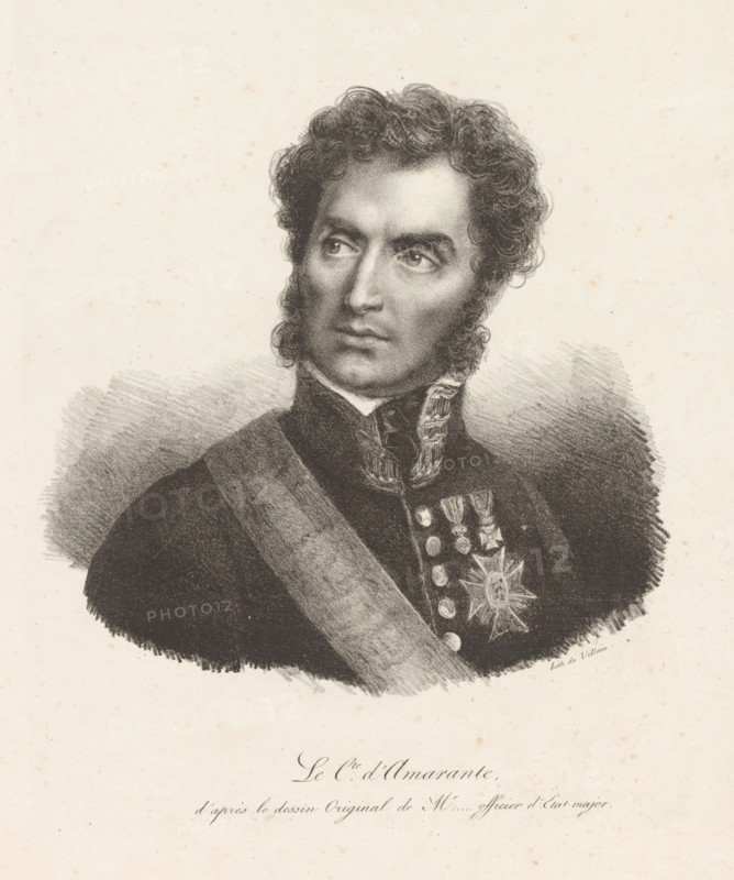 Le cte. d'Amarante, d'après le design original de Mr. ....officer d'etat major, Portrait of Francisco Silveira, Count of Amarante, print, printmaker, after drawing by, printer (person), Paris, unknown, paper, lithography, lithography with planing technique, height 357 mm x width 274 mm, Person, Francisco Silveira (Count of Amarante), historical persons, A black and white drawn portrait of a man shown from the chest upward wearing a dark uniform with a decorative sash across his torso and a row of medals on his chest, his head turned slightly to his left with curly hair and prominent sideburns, a high collar with ornate trim, and a softly shaded background.