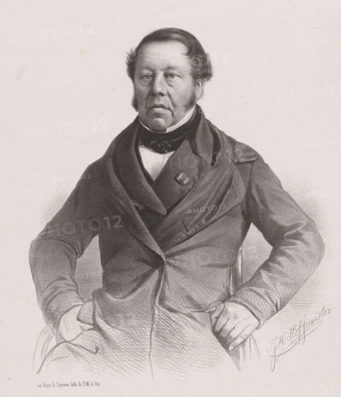 Portrait of Hendrik Jacob Taets van Amerongen, print, printmaker: Johan Hendrik Hoffmeister, Netherlands, printer (person): Elias Spanier, The Hague, 1843 - 1863, printer (person), paper, chine collé, lithography, lithography on chine collé, height 440 mm x width 292 mm, historical persons (half-length portrait), A grayscale portrait drawing of a seated man shown from the waist up wearing a dark double-breasted coat with wide lapels and a high-collared shirt with a dark cravat, his hair is short and wavy with sideburns, his hands rest on his hips and the chair arms, and faint artist signature and small printed line appear near the lower edges.