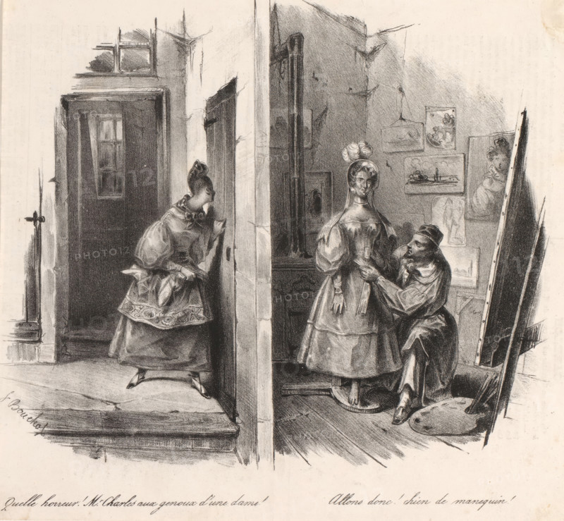 Quelle horreur! Mr. Charles aux genoux d'une dame!, Young woman spies on a painter in his studio, Espionage, Le voisinage, cartoon, print, A young woman peeks through the cracks in the door of Mr. Charles's painter's studio. The painter ties a belt around the waist of a mannequin, but the voyeur thinks it is a live model and denounces it., printmaker: Frédéric Bouchot, Paris, publisher: Aubert & Cie., 1832, Frédéric Bouchot, Aubert & Cie., printmaker, publisher, paper, lithography, lithografie, height 226 mm x width 245 mm, painter at work, in his studio, relations between the sexes, spying on someone, model, mannequin (dressing, putting on clothes), A monochrome drawing shows an interior divided by a central vertical wall; on the left side a woman in a dress with patterned trim leans toward a doorway, one hand on the wall and the other holding something near her face, while a small window and a darkened room are visible behind her; on the right side a seated man kneels beside a standi...